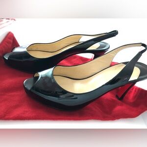 Christian Louboutin No Privé 90 Black Patent Leather Slingback Pumps-Size 391/2
